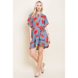 Womens Casual Half Sleeve Flower Print V-Neck Belted Short Dress Size S,M,L